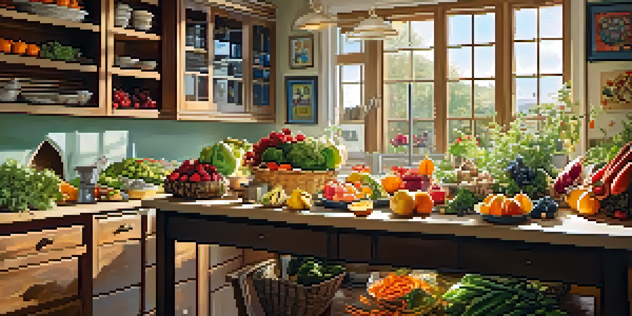 A warm kitchen with a wooden table full of colorful whole foods, including fruits and vegetables, illuminated by sunlight.