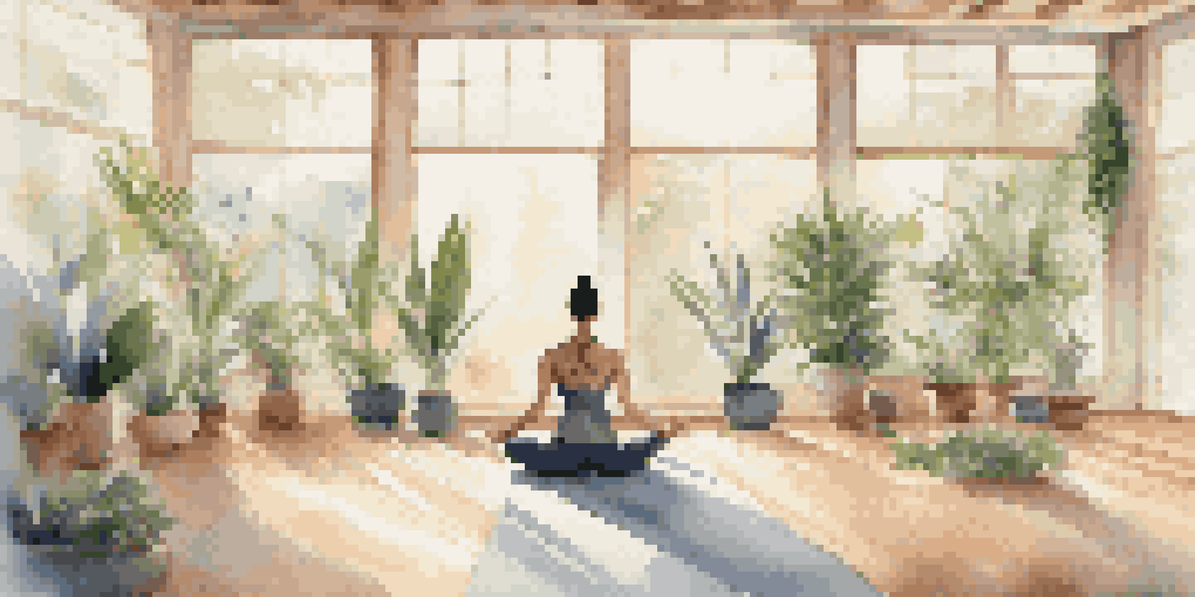 A peaceful yoga studio with a person practicing warrior pose, filled with natural light and indoor plants.