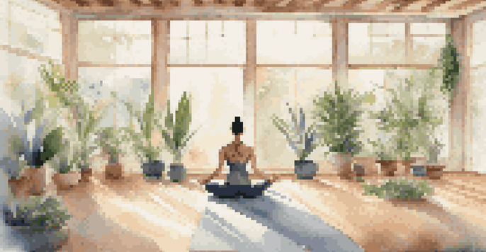 A peaceful yoga studio with a person practicing warrior pose, filled with natural light and indoor plants.