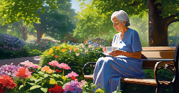 An older woman sitting on a park bench, enjoying a cup of tea in a peaceful garden setting with colorful flowers and sunlight filtering through the trees.