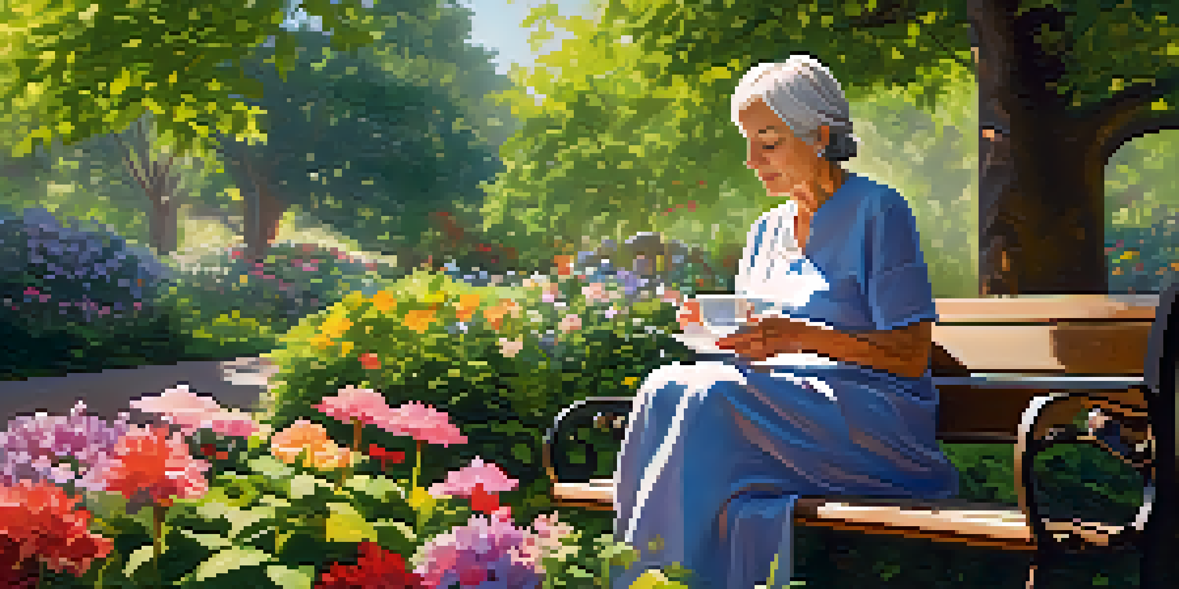 An older woman sitting on a park bench, enjoying a cup of tea in a peaceful garden setting with colorful flowers and sunlight filtering through the trees.