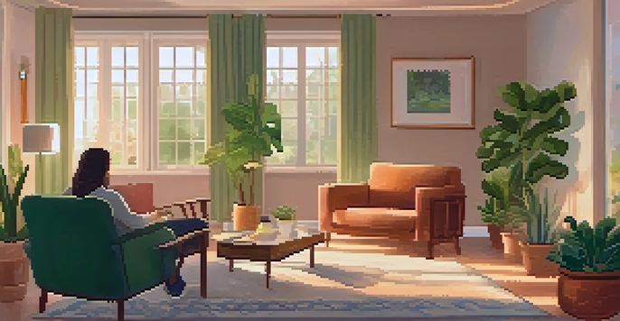 A cozy room designed for mental health recovery, with soft lighting, plants, and a person conversing with a friend.