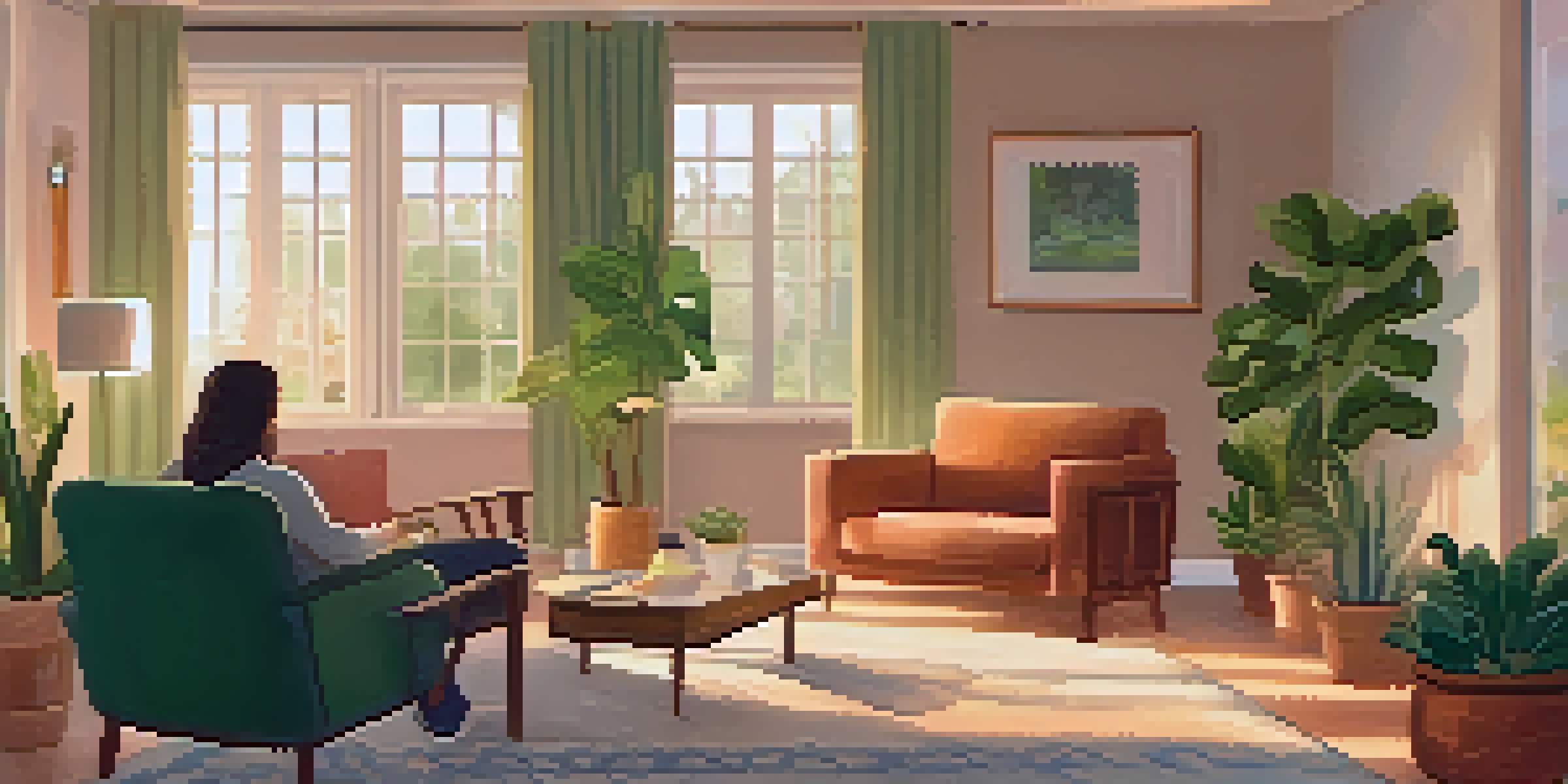 A cozy room designed for mental health recovery, with soft lighting, plants, and a person conversing with a friend.