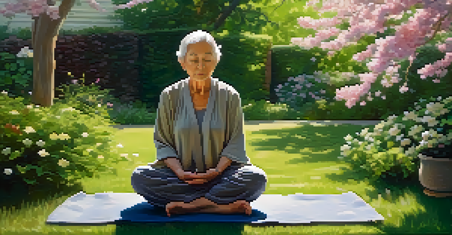 An elderly person meditating in a beautiful garden, surrounded by flowers and greenery, radiating peace and mindfulness.