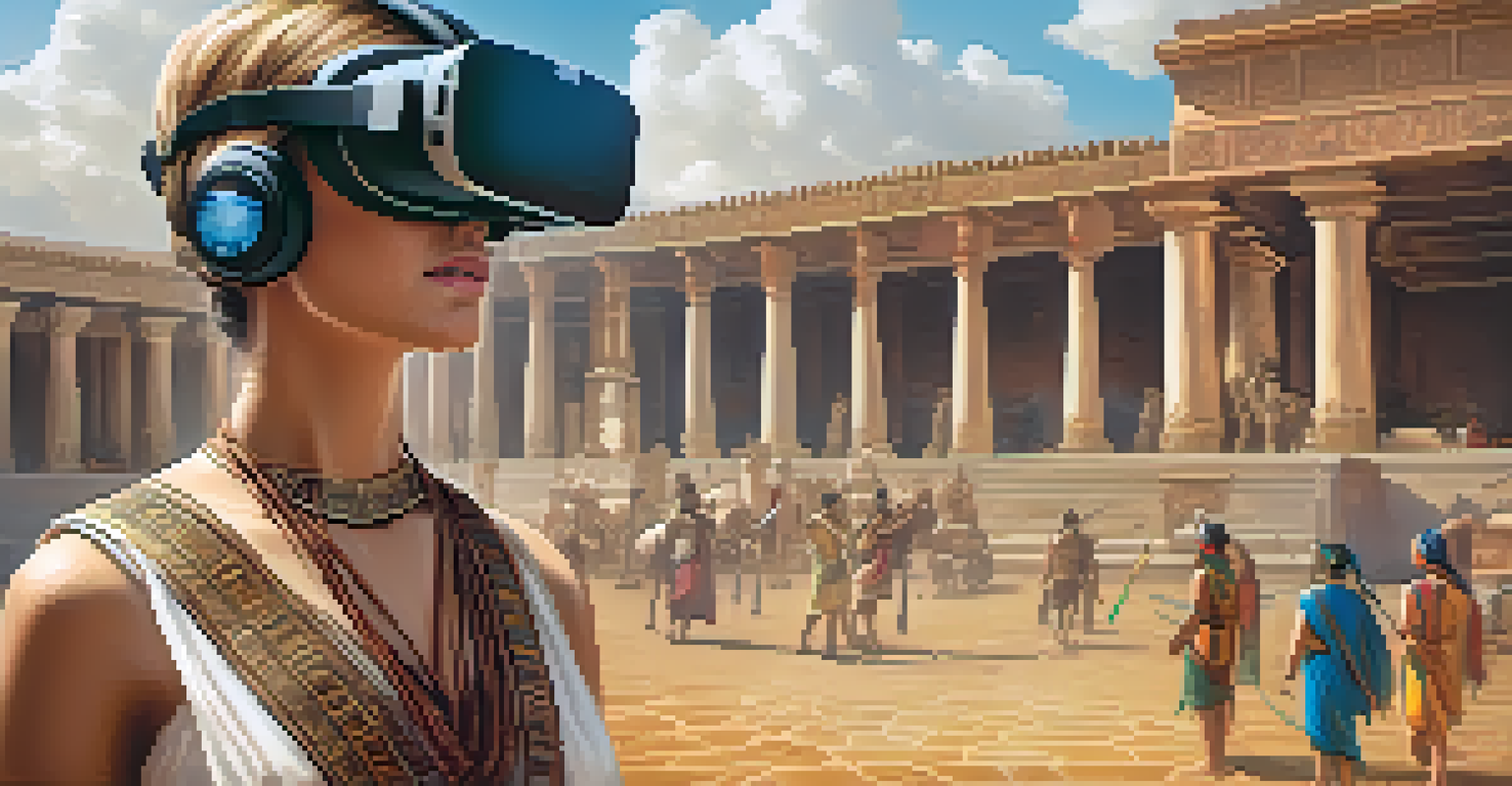A person using virtual reality goggles, immersed in a colorful educational simulation of ancient civilizations.