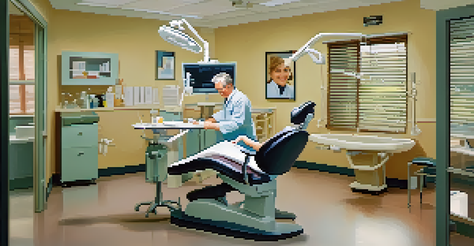 A dentist and a patient in a dental office discussing oral health, surrounded by dental tools and a model of teeth.