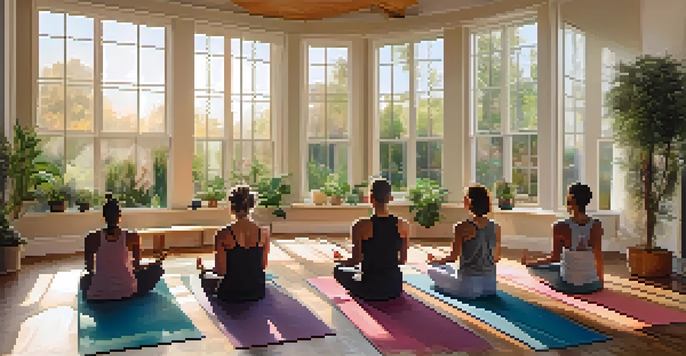A peaceful yoga studio with diverse individuals practicing breathwork, surrounded by plants and soft morning light.