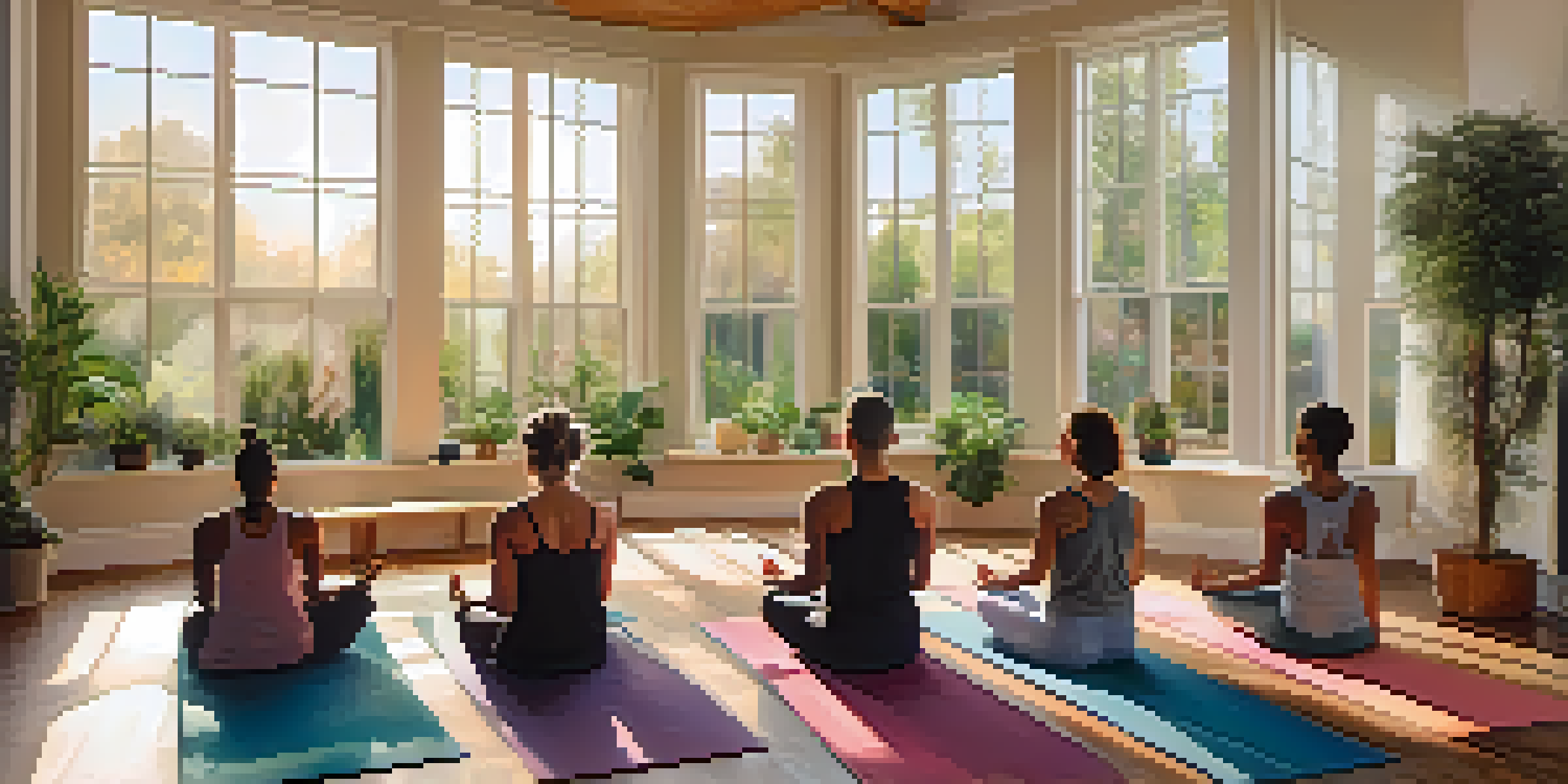 A peaceful yoga studio with diverse individuals practicing breathwork, surrounded by plants and soft morning light.