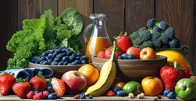 A colorful display of whole foods including fruits, vegetables, nuts, seeds, and grains on a wooden table, illuminated by soft lighting.