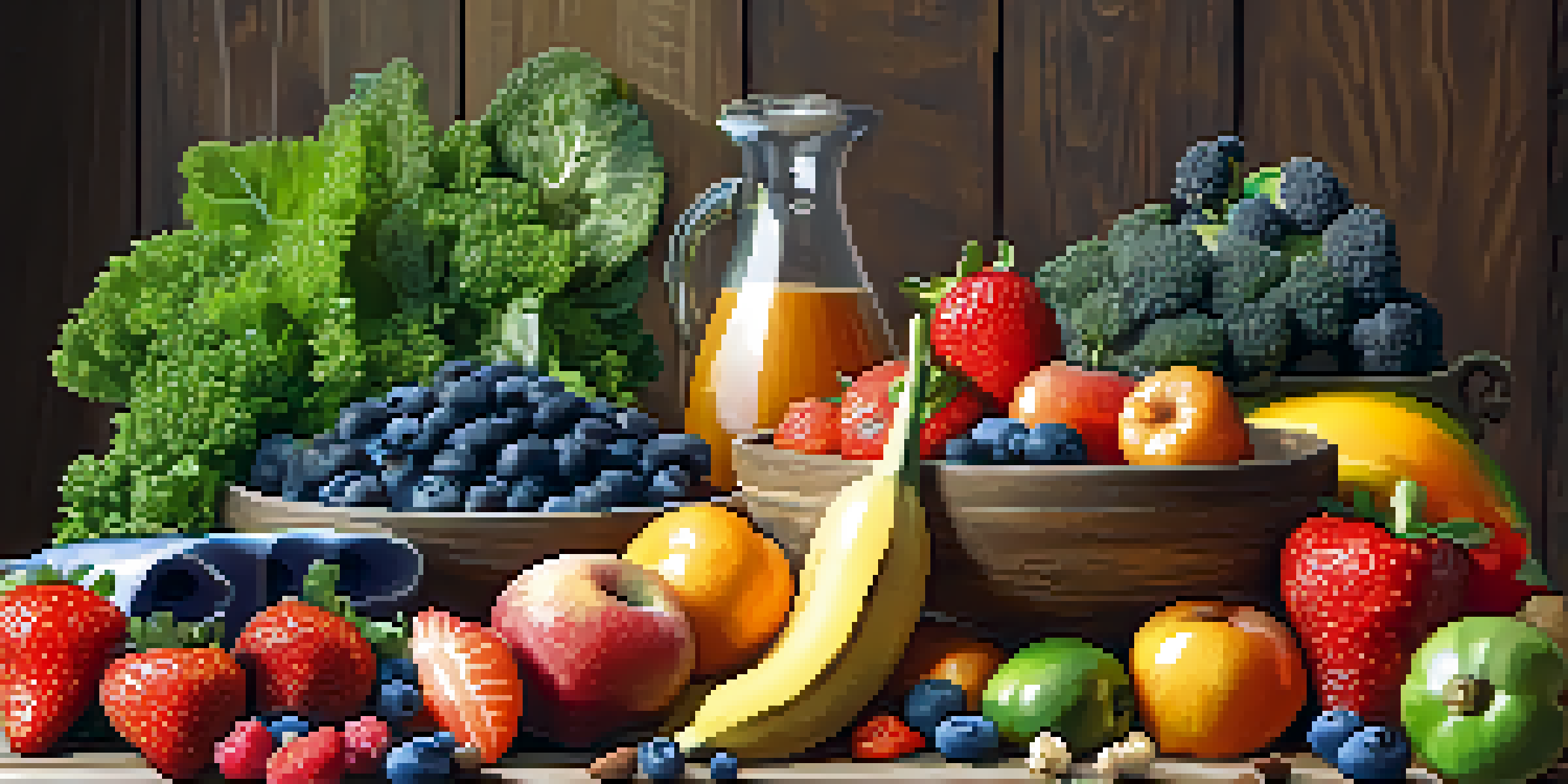 A colorful display of whole foods including fruits, vegetables, nuts, seeds, and grains on a wooden table, illuminated by soft lighting.