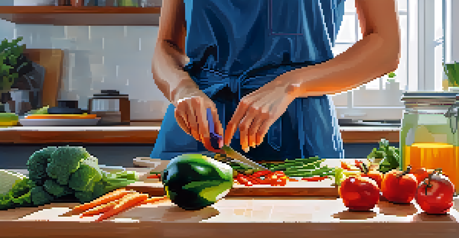 A health coach chopping vegetables in a modern kitchen, surrounded by healthy ingredients and natural light.