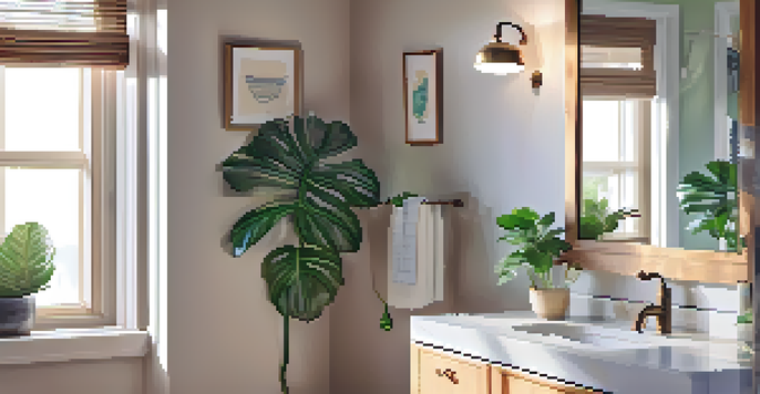 A bright bathroom with a mirror, sink, toothbrush holder, and a green plant, illuminated by sunlight.