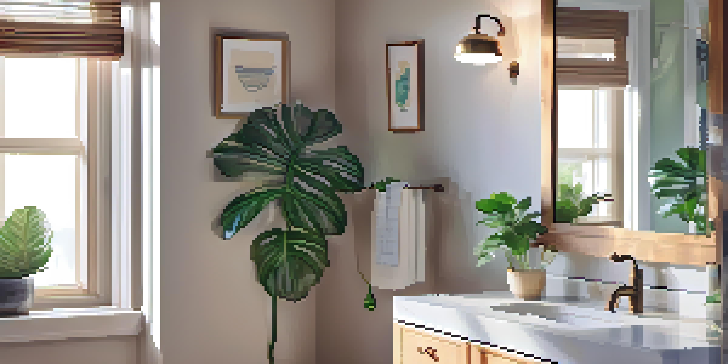 A bright bathroom with a mirror, sink, toothbrush holder, and a green plant, illuminated by sunlight.