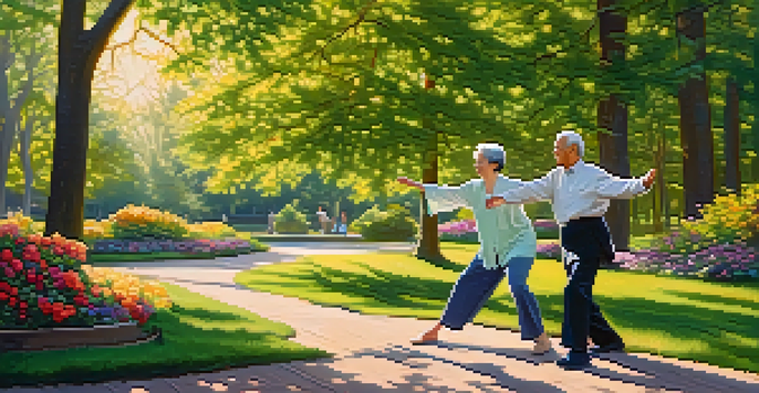 An elderly couple practicing tai chi in a sunny park, surrounded by greenery and flowers.