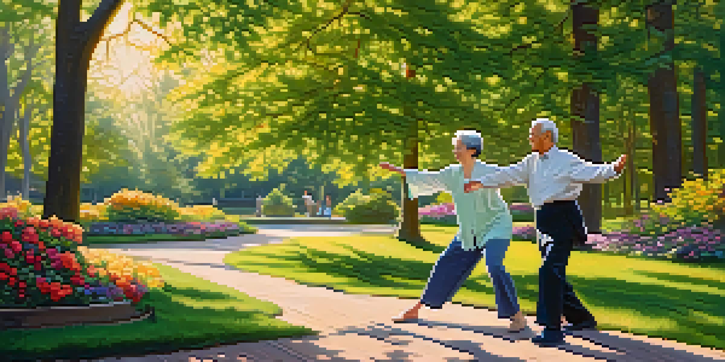 An elderly couple practicing tai chi in a sunny park, surrounded by greenery and flowers.
