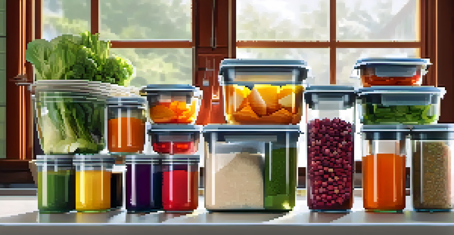 A well-organized meal prep station with colorful containers filled with healthy foods in a bright kitchen.