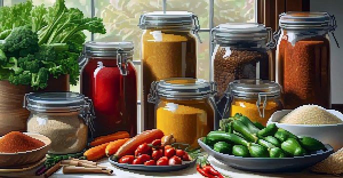 A kitchen countertop filled with fresh vegetables, grains, and spices, showcasing colorful meal prep ingredients in natural light.