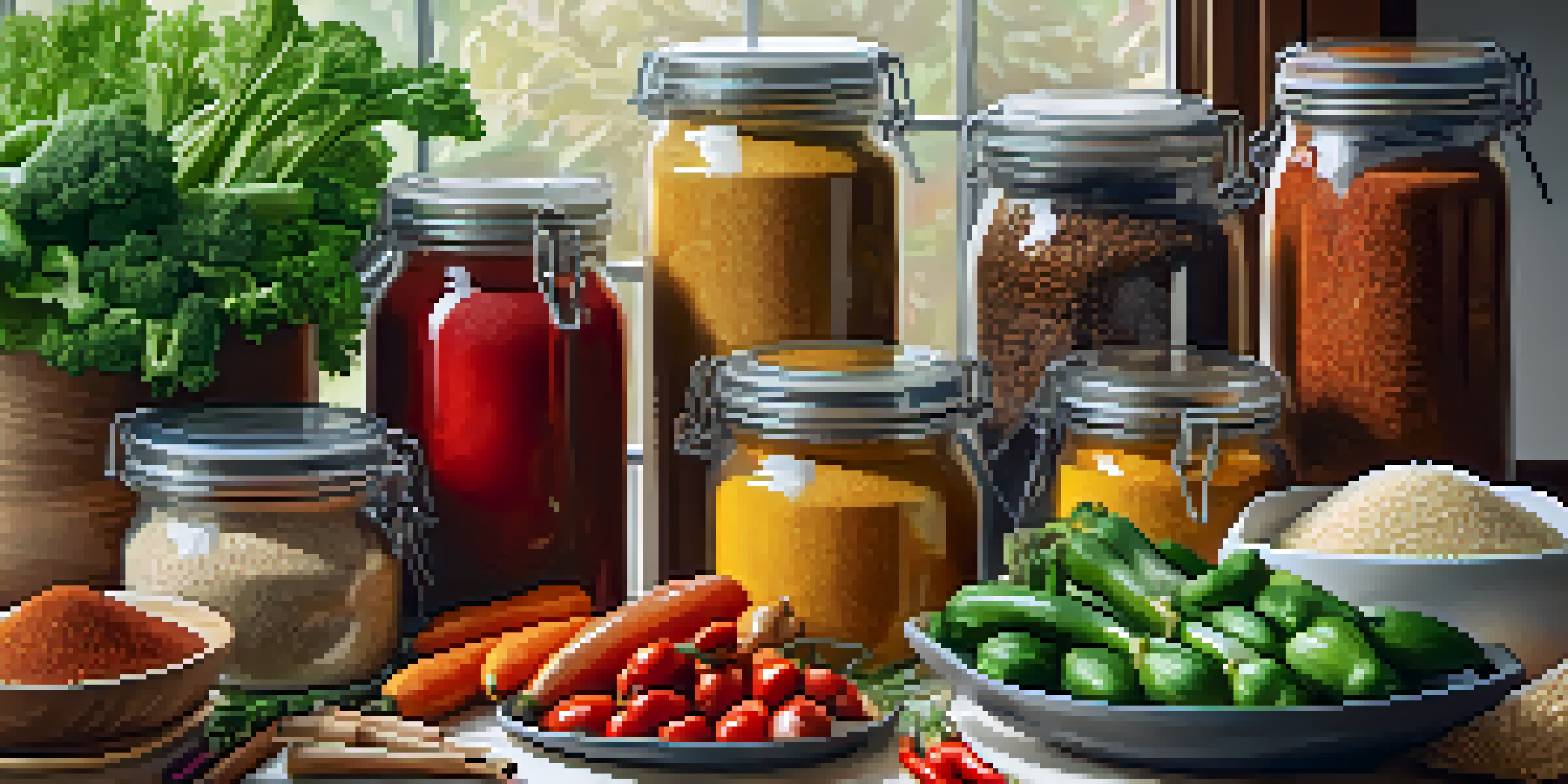 A kitchen countertop filled with fresh vegetables, grains, and spices, showcasing colorful meal prep ingredients in natural light.