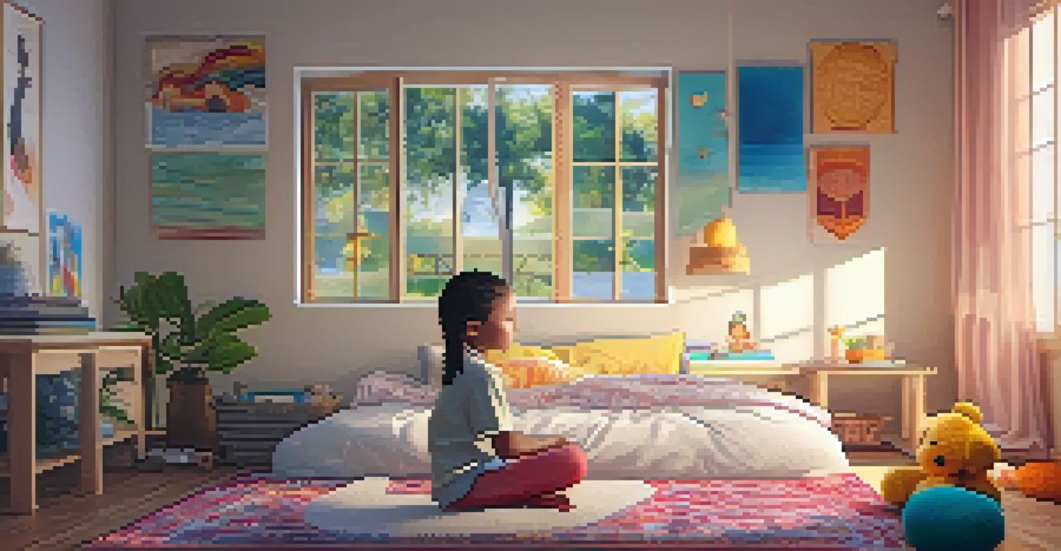 A child practicing mindfulness in a cozy bedroom, sitting cross-legged on a rug with a calm expression.