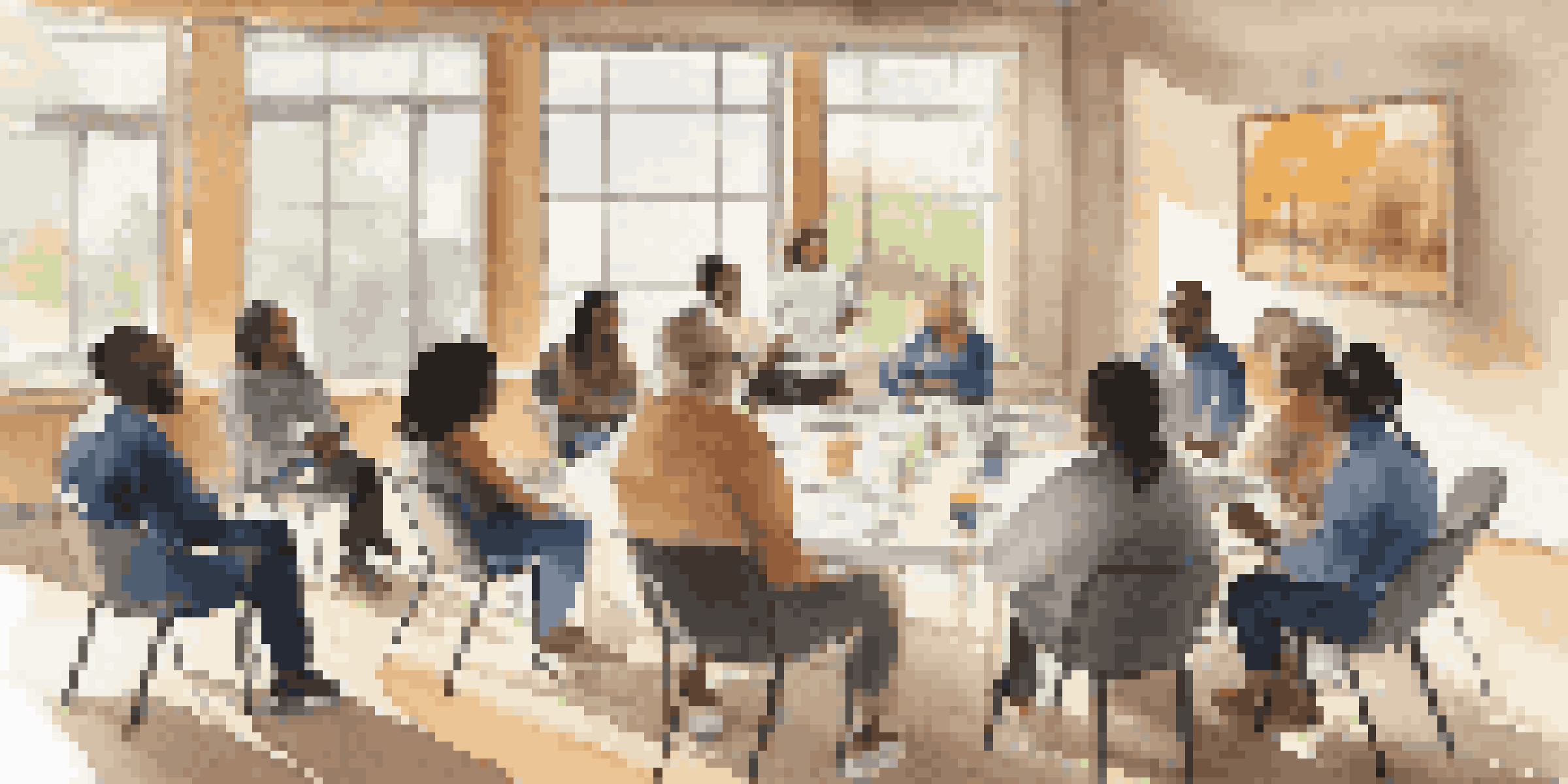 A community workshop with diverse individuals discussing mental health in a bright, inviting room.