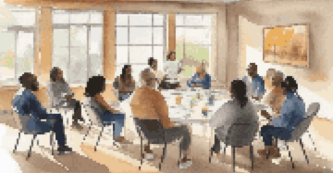 A community workshop with diverse individuals discussing mental health in a bright, inviting room.