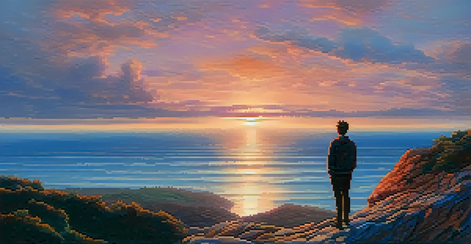 A person standing on a cliff at sunrise, looking out over the ocean, symbolizing self-reflection and growth.