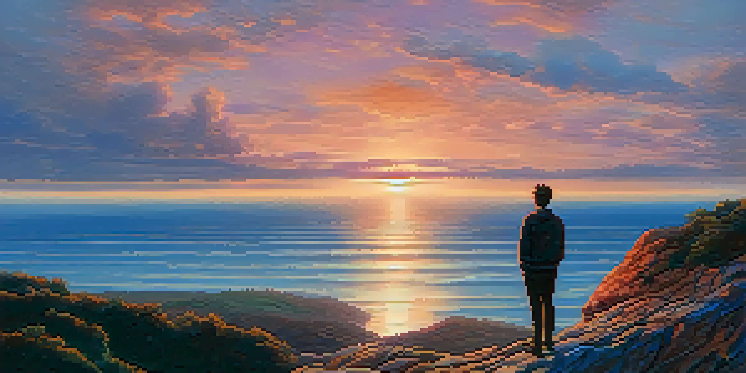 A person standing on a cliff at sunrise, looking out over the ocean, symbolizing self-reflection and growth.