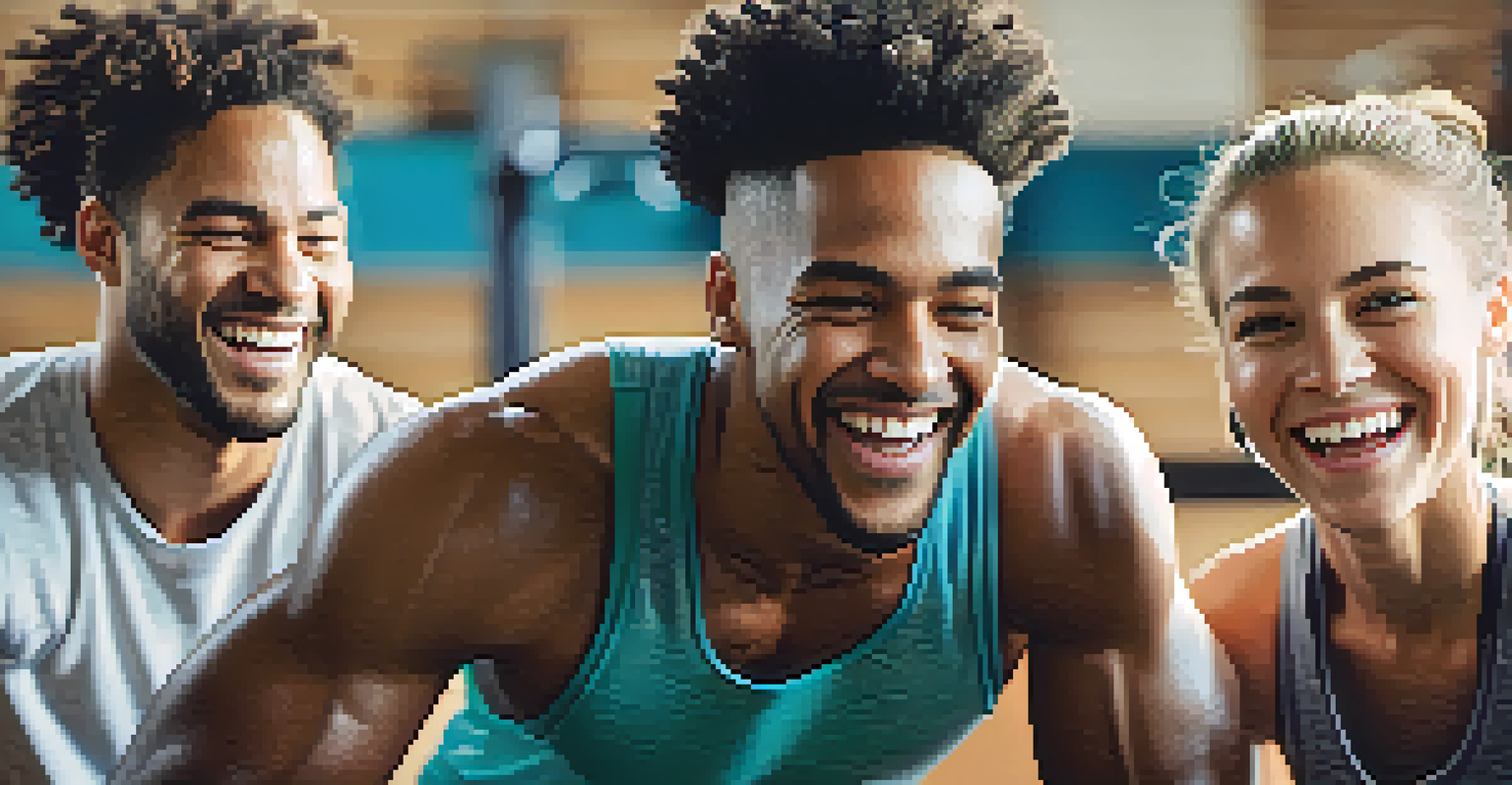 A close-up of diverse friends laughing together after a workout in a gym, with bright gym equipment and motivational quotes in the background.