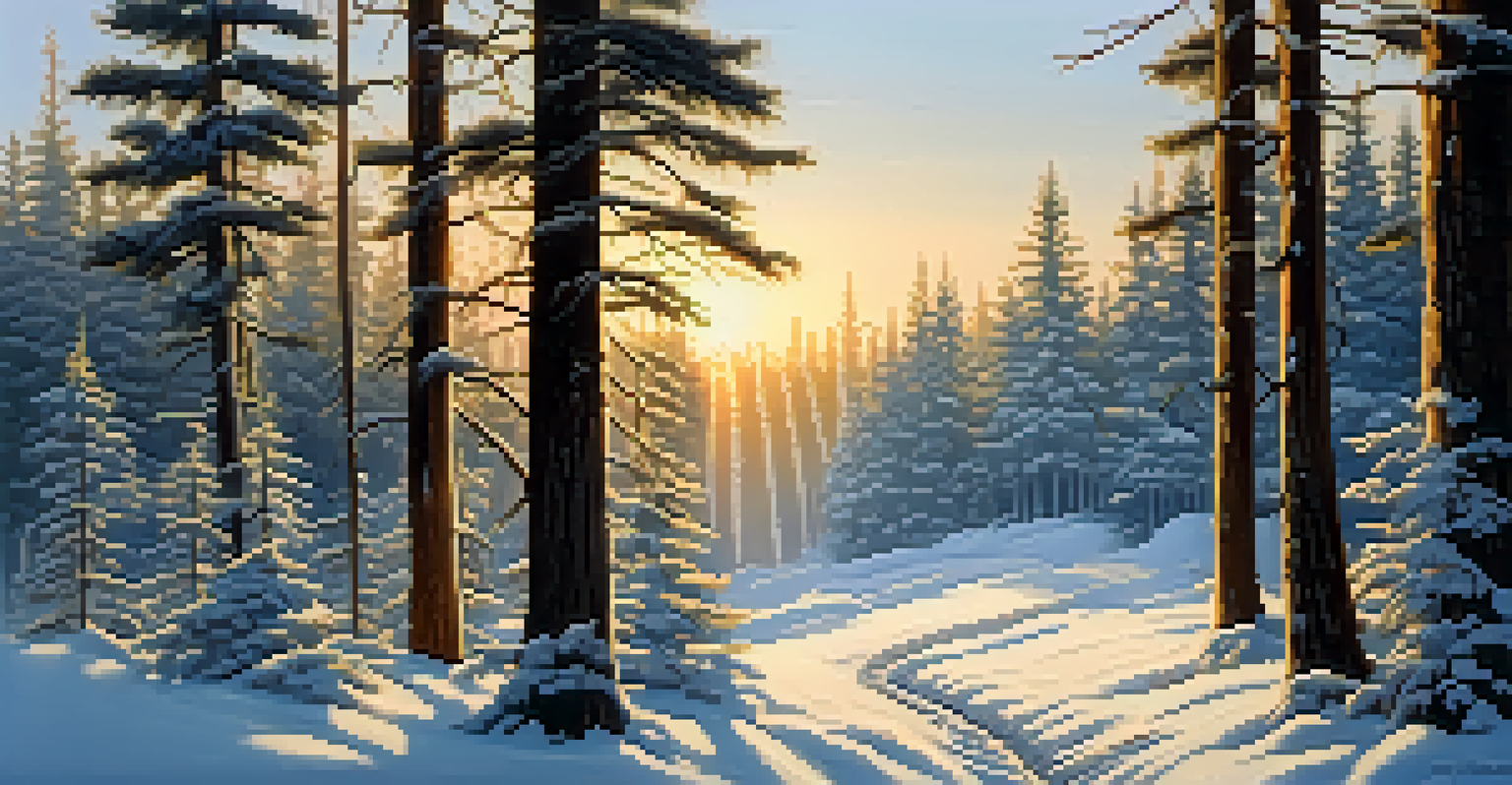 A peaceful snowy forest at sunrise with tall pine trees and a narrow path.