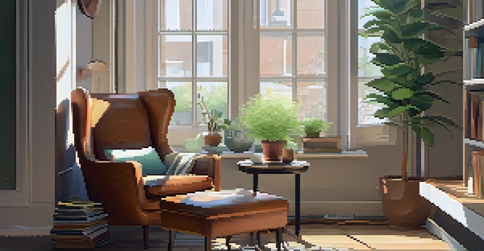 A cozy reading nook with an armchair, bookshelf, and a potted plant, illuminated by natural light.