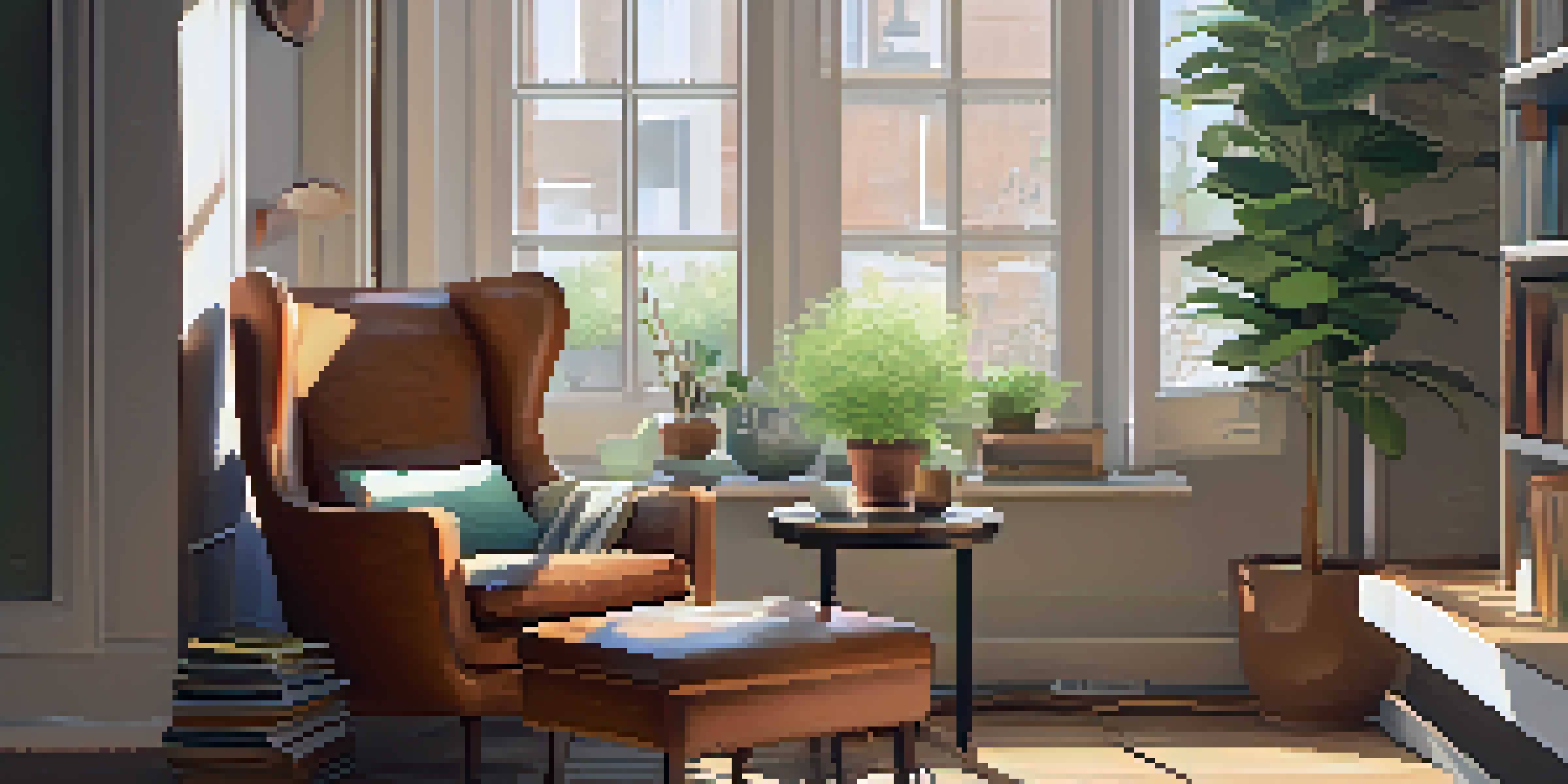 A cozy reading nook with an armchair, bookshelf, and a potted plant, illuminated by natural light.