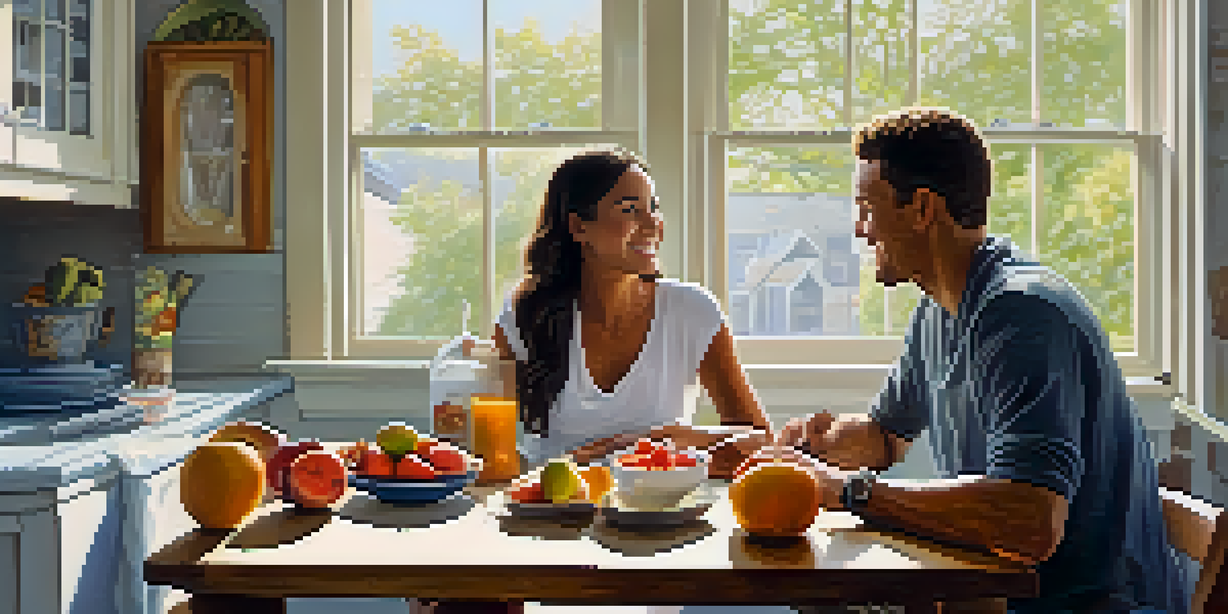 A couple sitting at a kitchen table with a healthy breakfast, discussing plans for starting a family in a warm, well-lit kitchen.