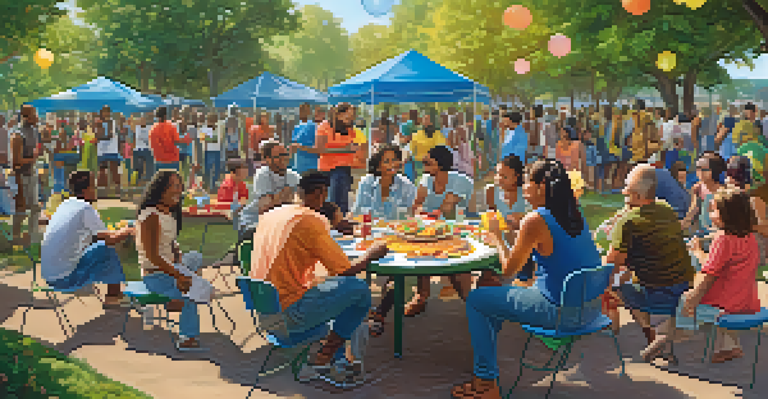 A lively park scene with diverse individuals engaged in activities, smiling, and enjoying a community gathering.