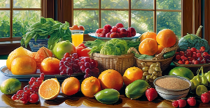 A bright and colorful table filled with various fruits and vegetables, emphasizing healthy eating and nutrition.