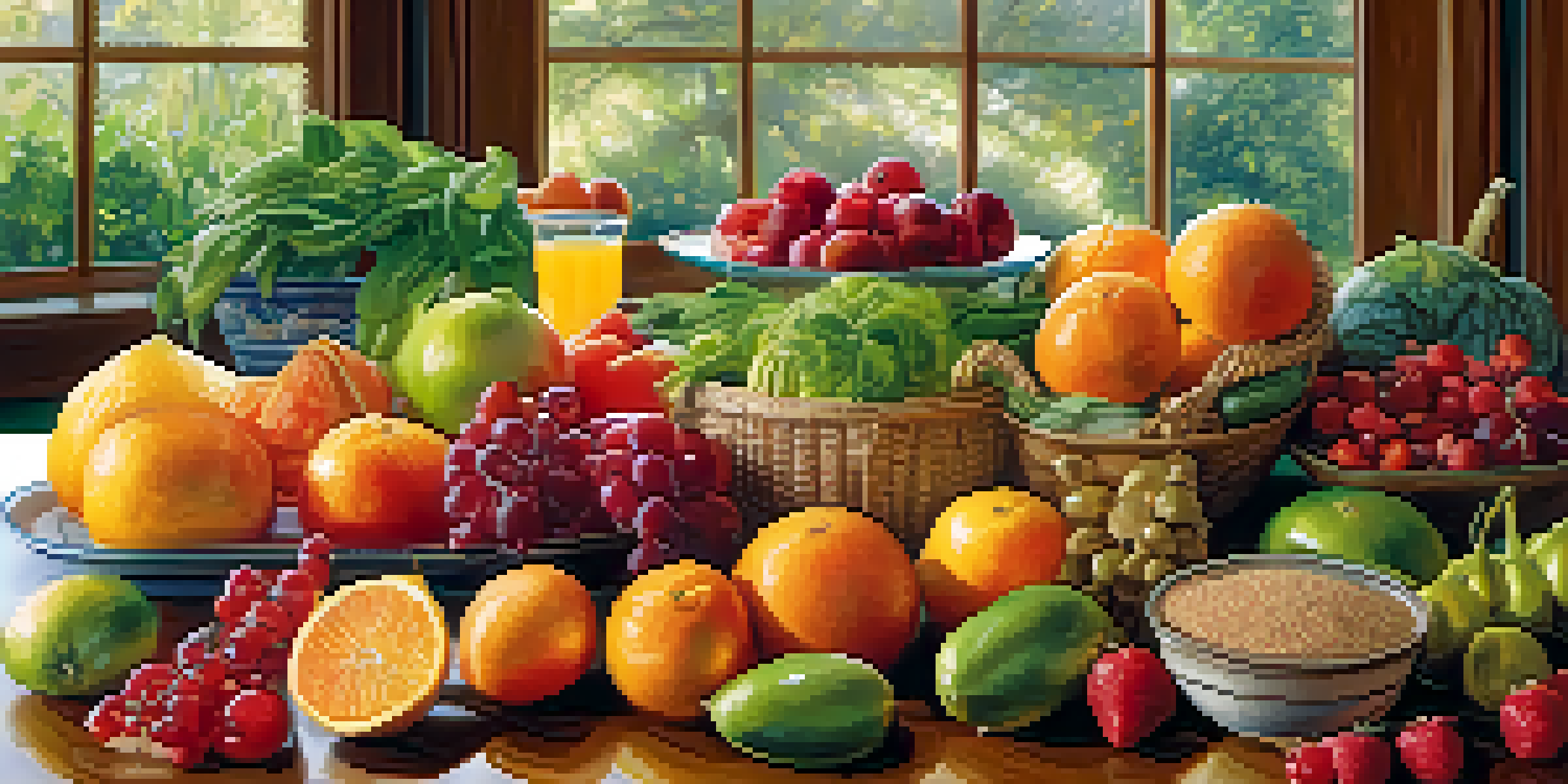 A bright and colorful table filled with various fruits and vegetables, emphasizing healthy eating and nutrition.