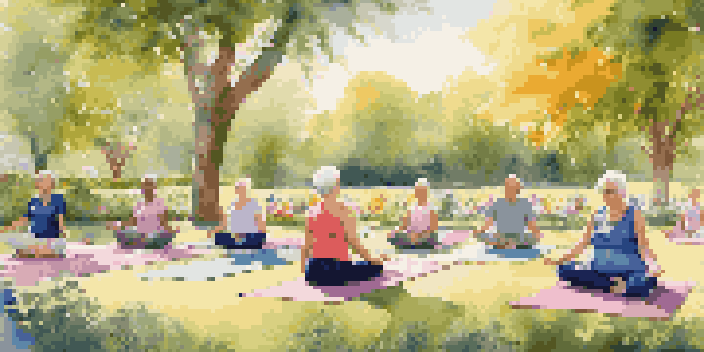 A group of seniors practicing yoga in a sunny park surrounded by greenery and flowers.