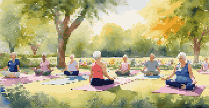 A group of seniors practicing yoga in a sunny park surrounded by greenery and flowers.