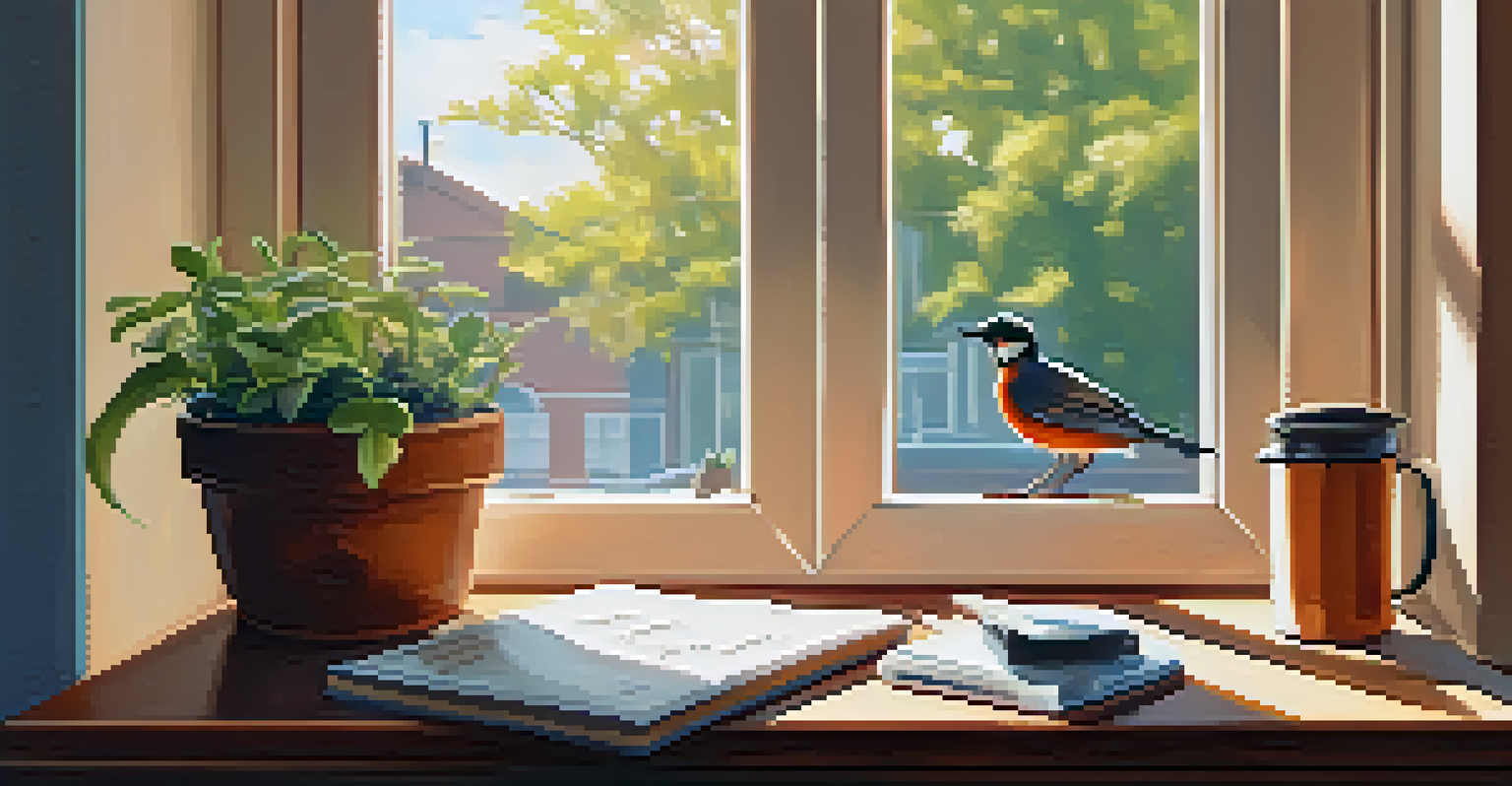 A cozy workspace with a notebook, tea, and a plant by a sunny window.