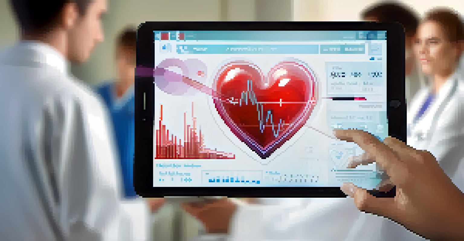 A healthcare professional's hands holding a tablet with health data, while a patient consults with a physician in the background.