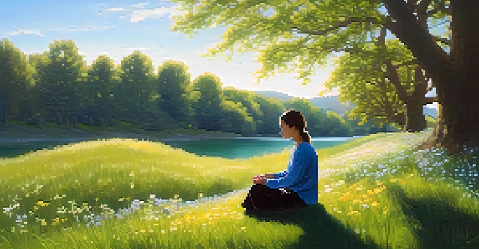 A person meditating outdoors on a grassy hill surrounded by flowers and trees, conveying peace and mindfulness.