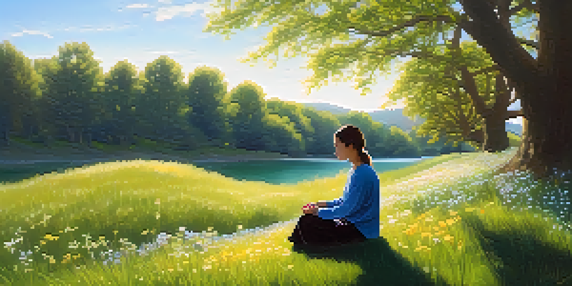 A person meditating outdoors on a grassy hill surrounded by flowers and trees, conveying peace and mindfulness.
