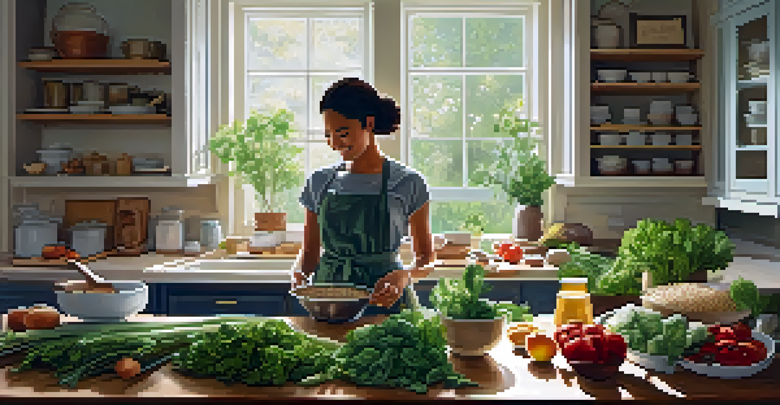 A person happily preparing a healthy meal with fresh ingredients in a sunny kitchen.