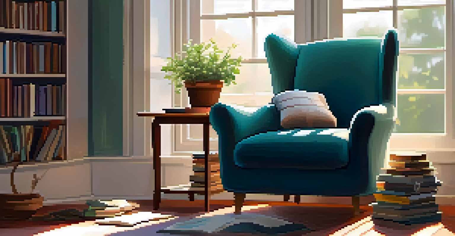 A cozy reading nook with a plush armchair, a stack of books, and a cup of tea on a small table, illuminated by sunlight coming through the window.