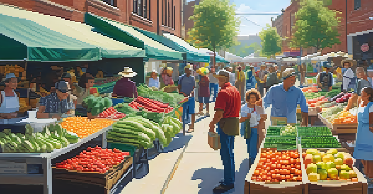 A lively farmers' market with colorful produce stalls and community members shopping and participating in a cooking demonstration.