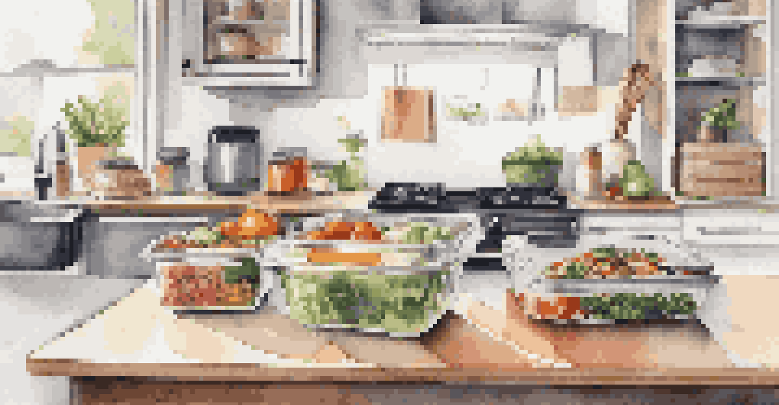 A meal prep area with containers of healthy dishes, a cutting board with chopped vegetables, and a pressure cooker, illuminated by natural light.