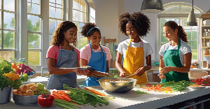 A diverse group of teenagers participating in a cooking class, preparing colorful vegetables and discussing healthy recipes in a bright kitchen.