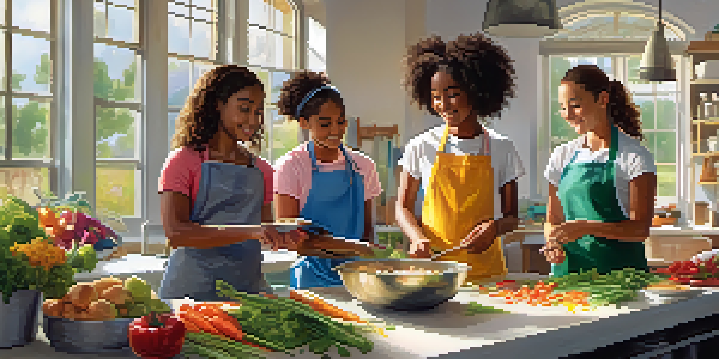 A diverse group of teenagers participating in a cooking class, preparing colorful vegetables and discussing healthy recipes in a bright kitchen.