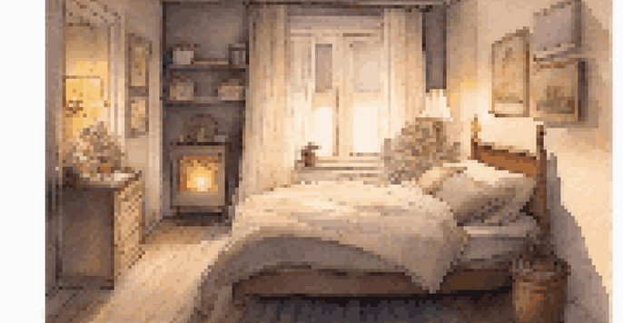 A calm bedroom with a cozy bed, warm lighting, and soft bedding, designed to promote relaxation and sleep.