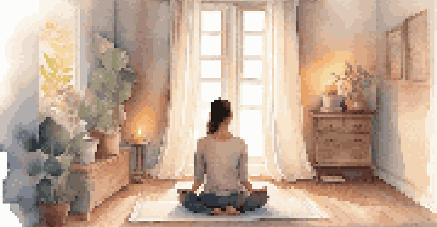 A person sitting in a meditative pose on a yoga mat in a softly lit room, surrounded by cushions and candles.