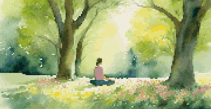 A person meditating in a peaceful park, surrounded by flowers and trees, with sunlight shining through the leaves.